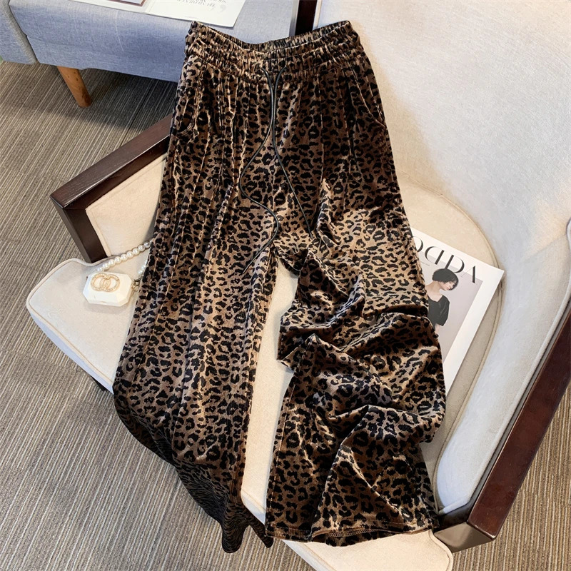 Bomon Autumn Leopard Pattern Wide Leg Pants Womens High Waist Straight Pants 241023