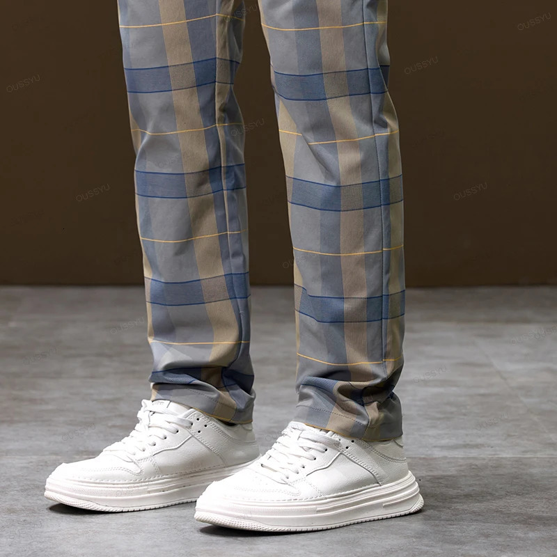 plain weave checkered pattern casual pants for men in autumn and winter with thick business elasticity and slim waist suitable for Korean pocket pants