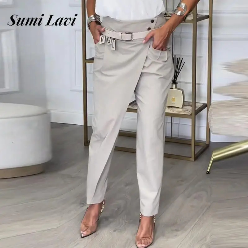 Fashion button solid color Communicating Pants elegant high waisted irregular pants womens casual pocket Communicating ultra-thin Trouser 241023