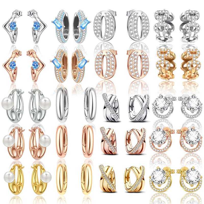 Rose gold original 925 silver round hoop earrings sparkling zircon white pearl colored geometric earrings womens jewelry gifts W241023