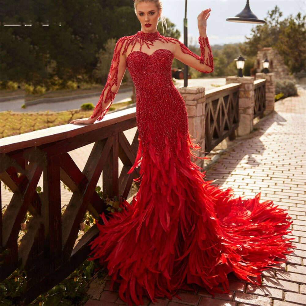 Feathered Prom Mermaid Beaded Dress With Tulle Cape High Neck Long Sleeve Formal Evening Gown