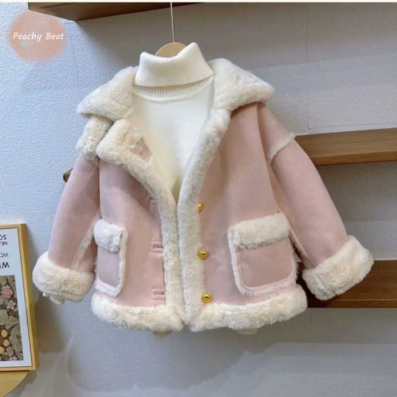 Baby girl princess cotton pad fur leather jacket baby and toddler winter patch work clothes thick warm coat baby clothing 18M-12Y W241023