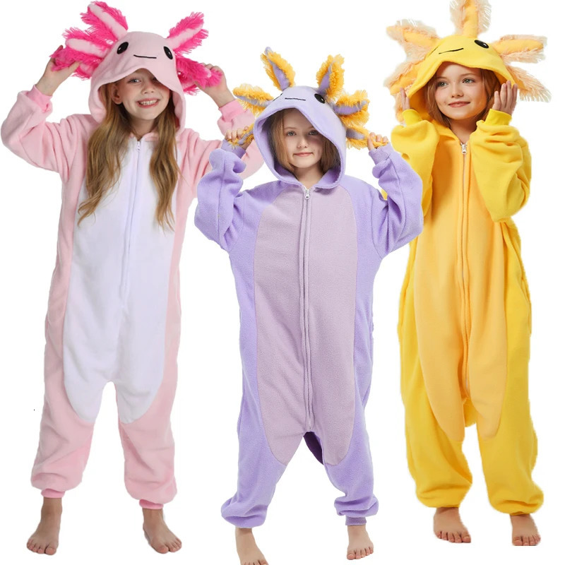 Childrens Pink t Cute Cartoon Cosplay One Piece Pajama Baby Animal Halloween Boys and Girls Yellow Axolotl Kigurumi Anime Pajama 241024
