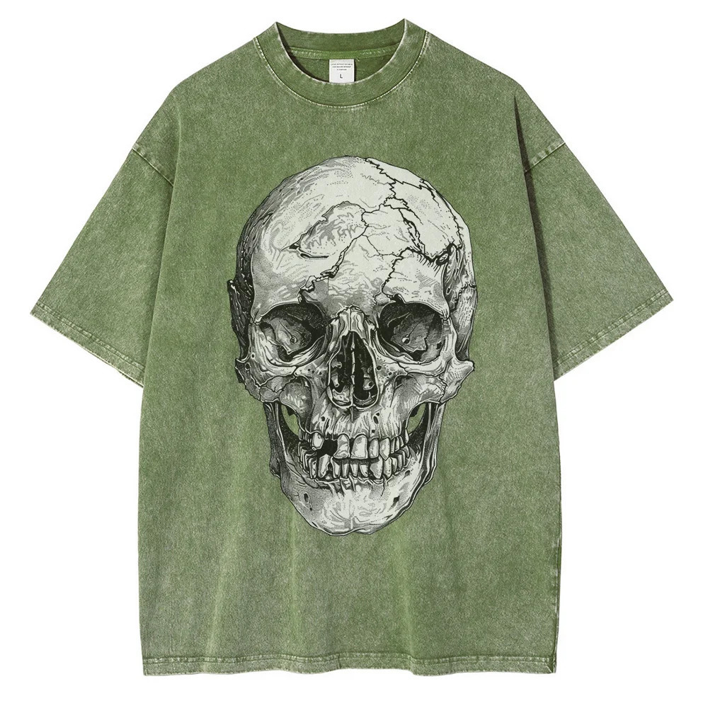 Heavy duty pure cotton washed T-shirt with large head bone printed graphite T-shirt shoulder drop retro oversized T-shirt 241024
