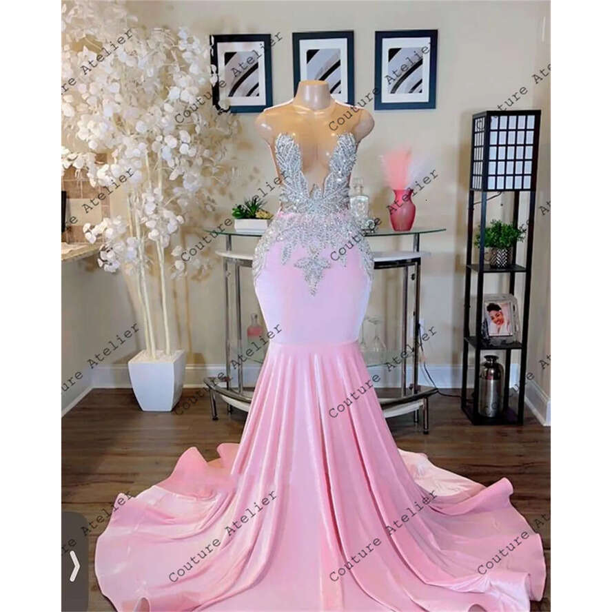 Sier Beaded Pink Prom Dresses For Black Girls Mermaid Dress Party Evening Elegant Celebrity Formal Gowns O Neck Robe