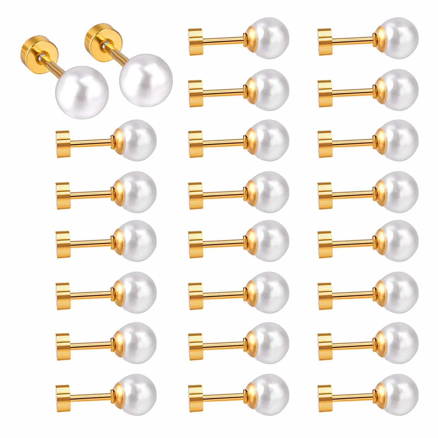 Stainless steel earrings 8mm white pearl screw stud earrings suitable for women girls mini 20G perforated sleepers fashionable Trags earrings W241023