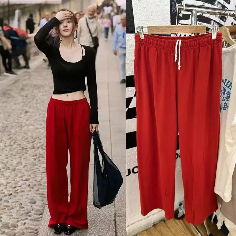Red elastic waistband brushed loose womens autumn trend straight leg pants loose and versatile 241023