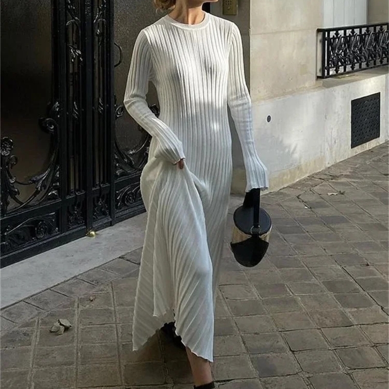 Tossy LaceUp Female Knit Maxi Dress Autumn High Waist Fashion Patchwork Long Sleeve Loose Solid Bandage Knitwear 241007
