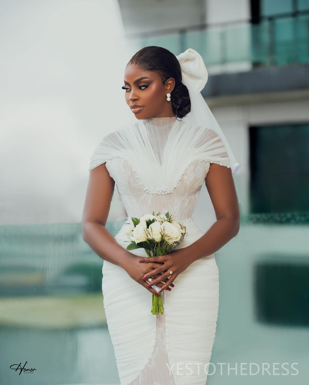 2024 African Short Elegant Wedding Dress Bridal Gowns For Bride Mermaid Illusion High Neck Beaded Lace Plated Wedding Gowns For Black Women Marriage D