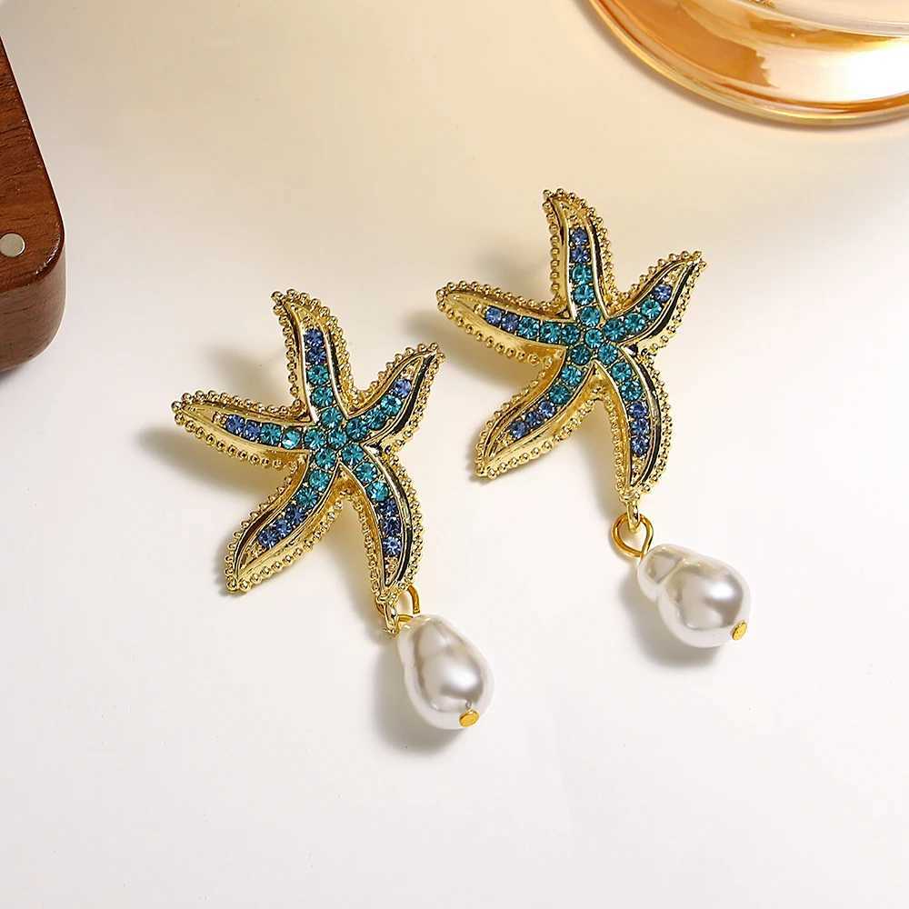 Bohemian Starfish Earrings Pearl Blue Rhinestone Pendant Earrings Suitable for Women Starfish Jewelry Summer Holiday Beach Gifts W241023