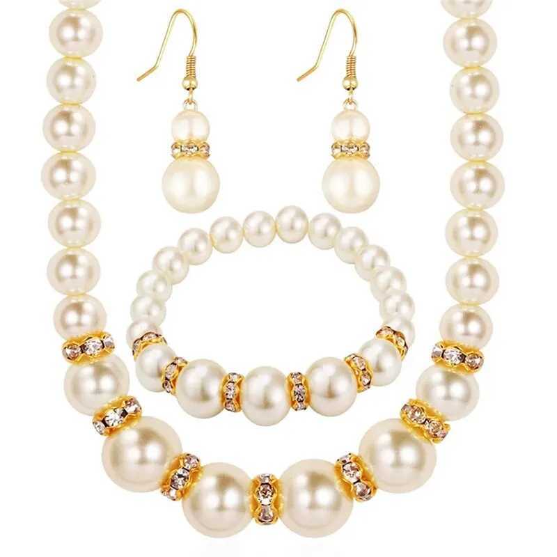 Simulated pearl necklace bracelet earring set three piece set W241023