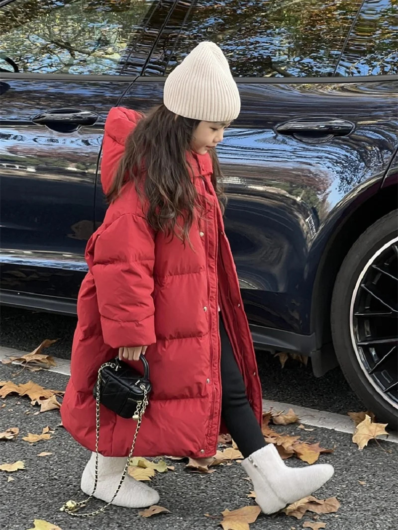 Winter Warm Girls Extra Long Cotton Lined Hoodie Zipper Puff Jacket School Childrens Thick Coat Childrens Clothing Windproof Machine 5-16Yr 241024