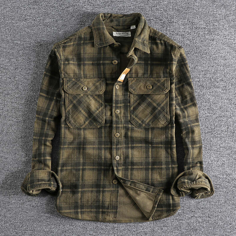 Plaid Woven Corduroy Men Shirts 100% Cotton Spring Autumn Heavy Washed Workwear Blouses Retro Ameki Western Style Casual Tops