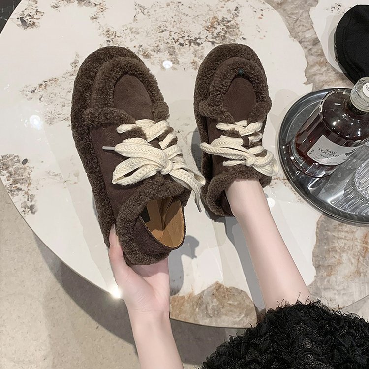Autumn Winter New Lamb Wool Round Toe Lace Up Casual Flat Cotton Shoes