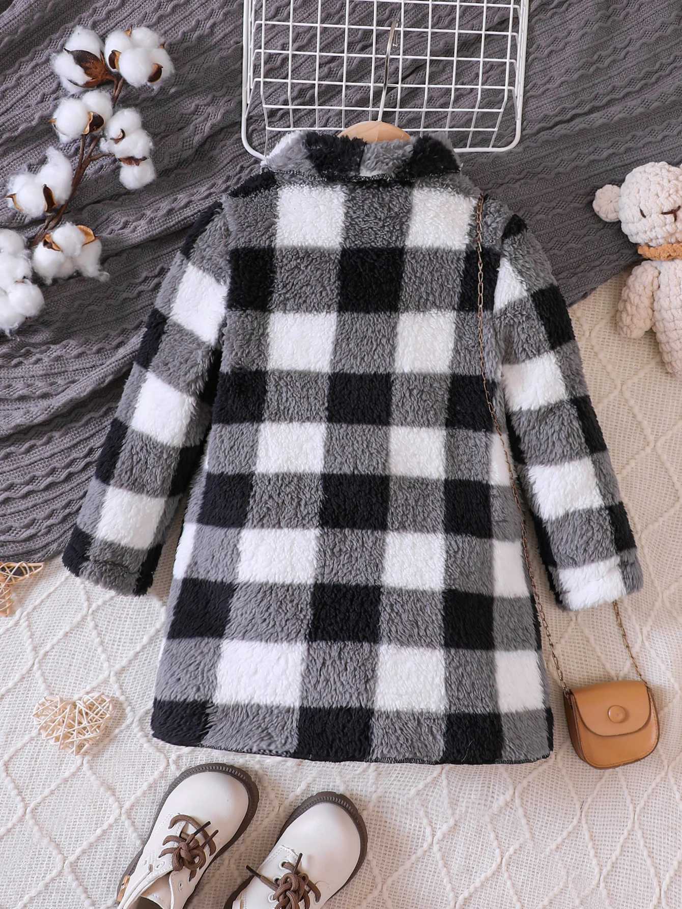 Winter new plush plaid long jacket suitable for small and medium-sized children and girls W241023