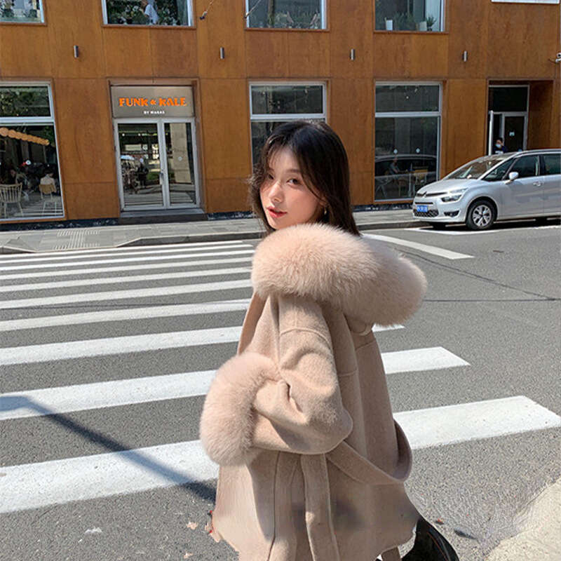 2024 Wool Cashmere Autumn Winter Fox Fur Collar Women's Mid-Length Belt Hooded Woolen Coat New Fashion