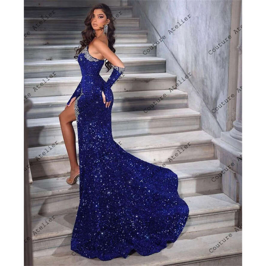 Dubai Customize Royal Blue Sequin Mermaid Prom Dress With Gloves Saudi Arabia High Slit Special Ocn Wear Evening Dresses