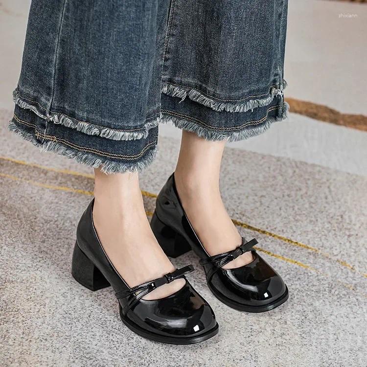 Casual Shoes Autumn Sweet Cool Style Patent Leather High Heels Mary Jane Women's Bow Shallow Mouth Round Head zhanyishengli