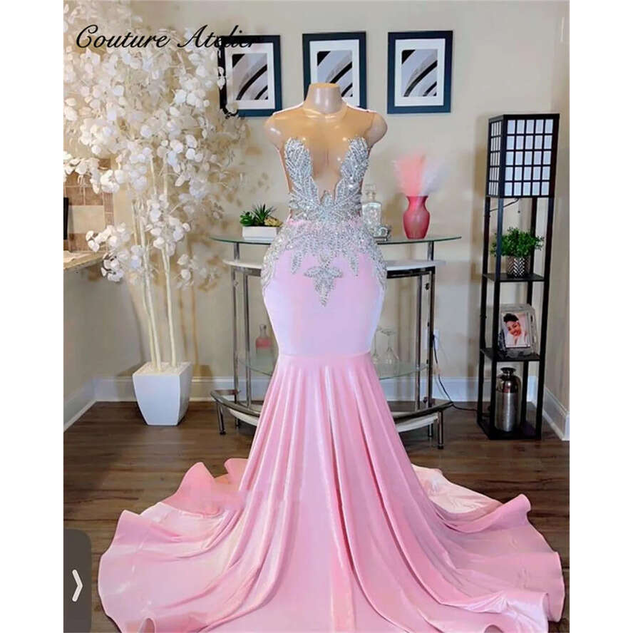 Sier Beaded Pink Prom Dresses For Black Girls Mermaid Dress Party Evening Elegant Celebrity Formal Gowns O Neck Robe