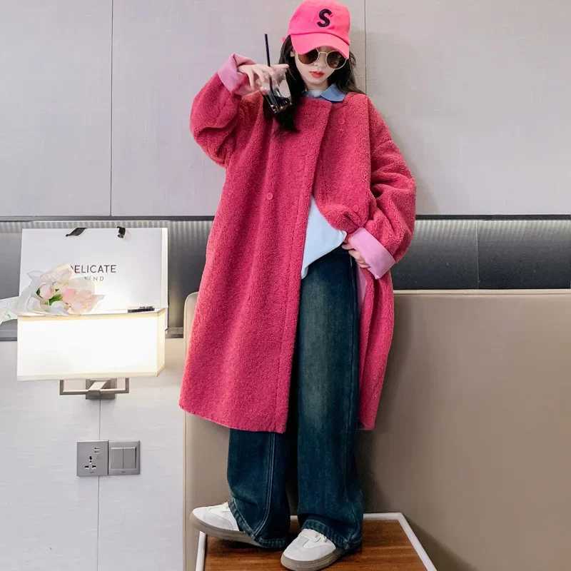 Girls fur coat autumn long wool coat youth coat rose casual loose childrens clothing 12 13 14 years old W241023