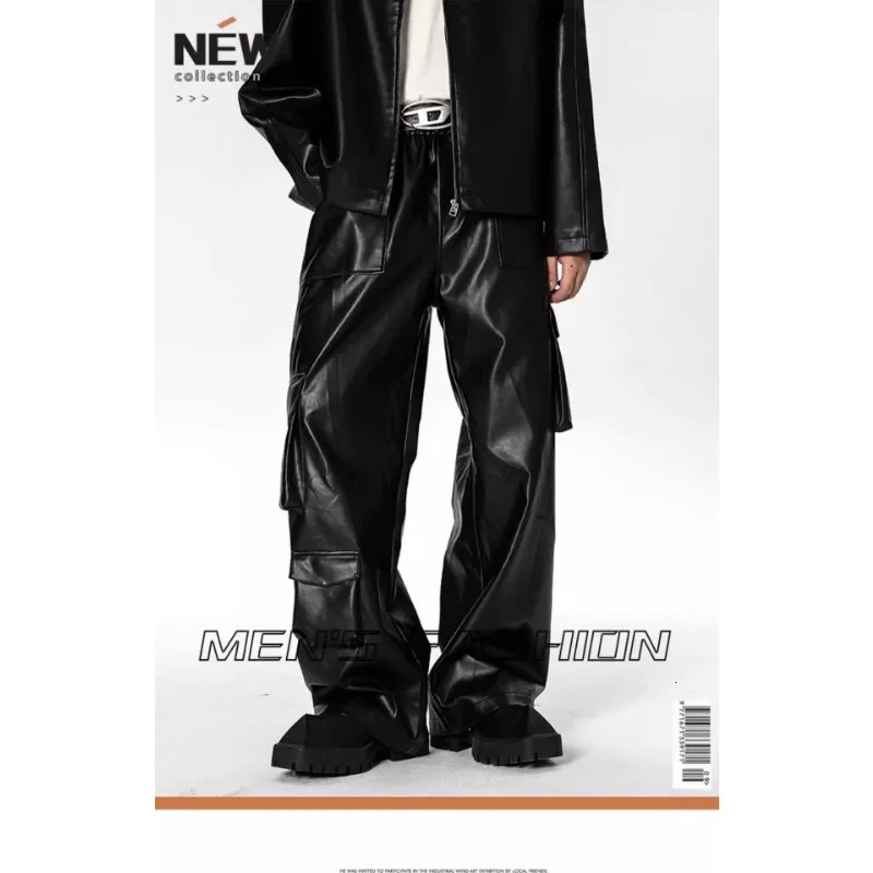 American hip-hop fried street punk leather pants mens spring and autumn style multi pocket cargo pants casual pants trend 241023