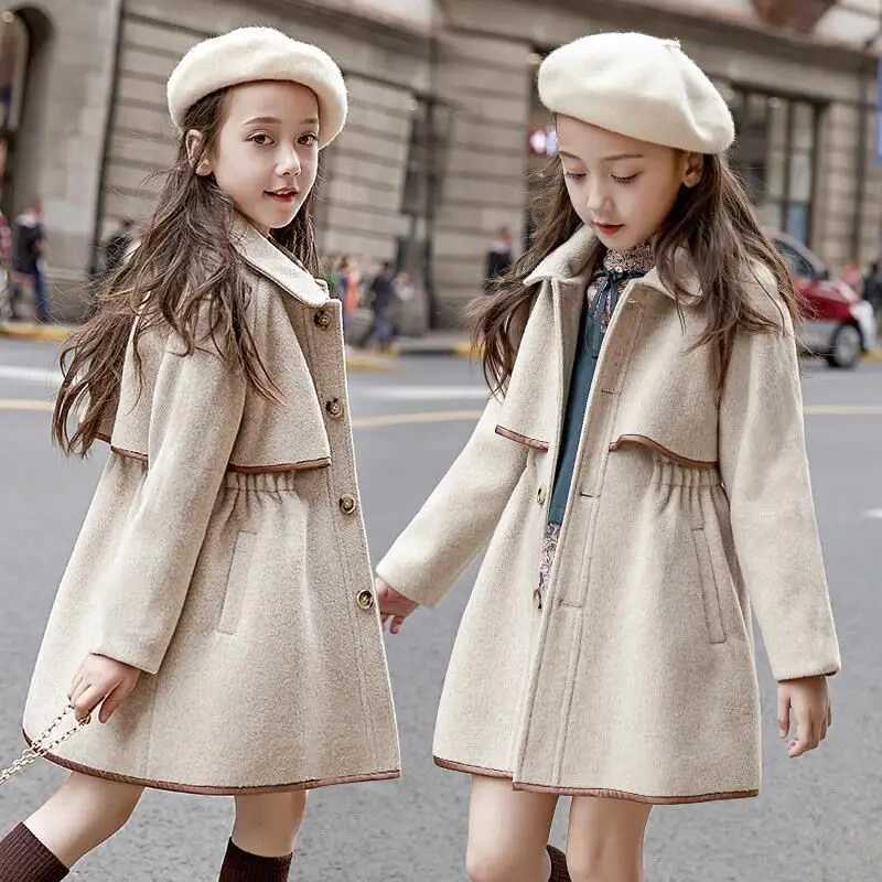Winter beige thick long jacket little girls coat corset wool coat cotton trench jacket teenage girls coat 2-16Y W241023