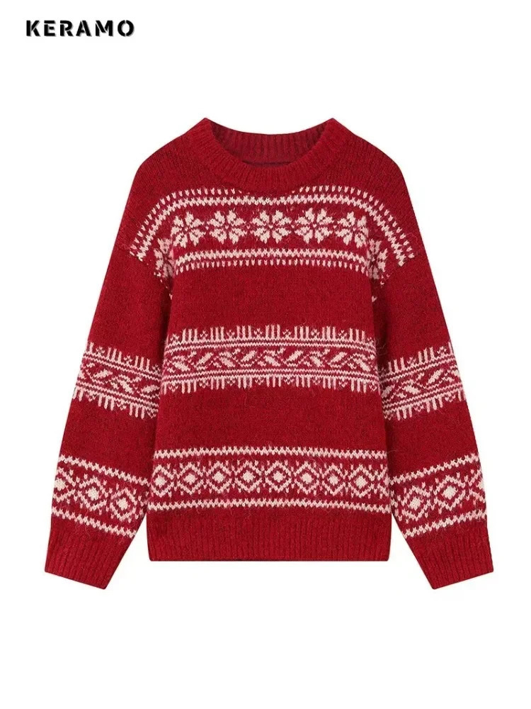 Sweet Casual Christmas Style Knitted Long Sleeve Pullover Winter Fashion Womens Geometric Printed Jumper Round Neck Sweater 241024