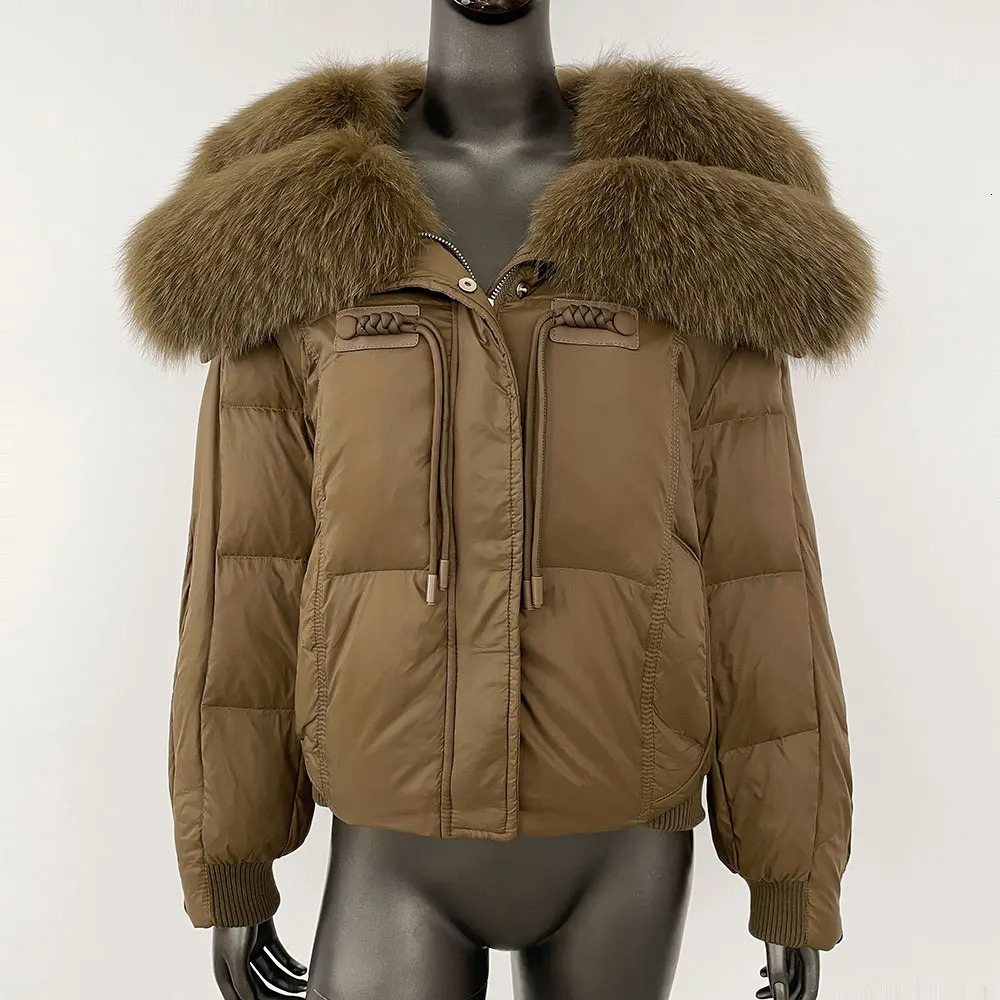 Winter Big True Fox Fur Collar Coat Womens Natural Thick Warm Duck Coat Short Sleeve Loose Fur Leather Jacket 241023