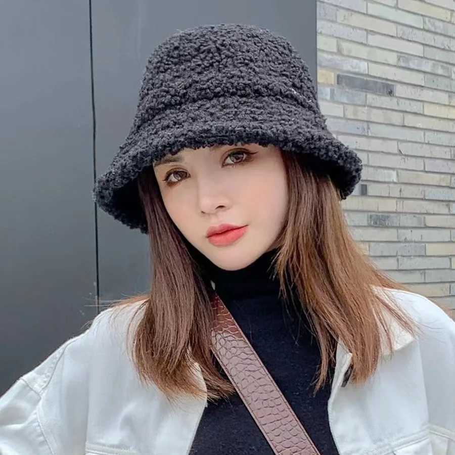 Warm bucket hat solid color autumn winter cashmere outdoor warm Panama hat Harajuku style unisex fisherman hat X241023