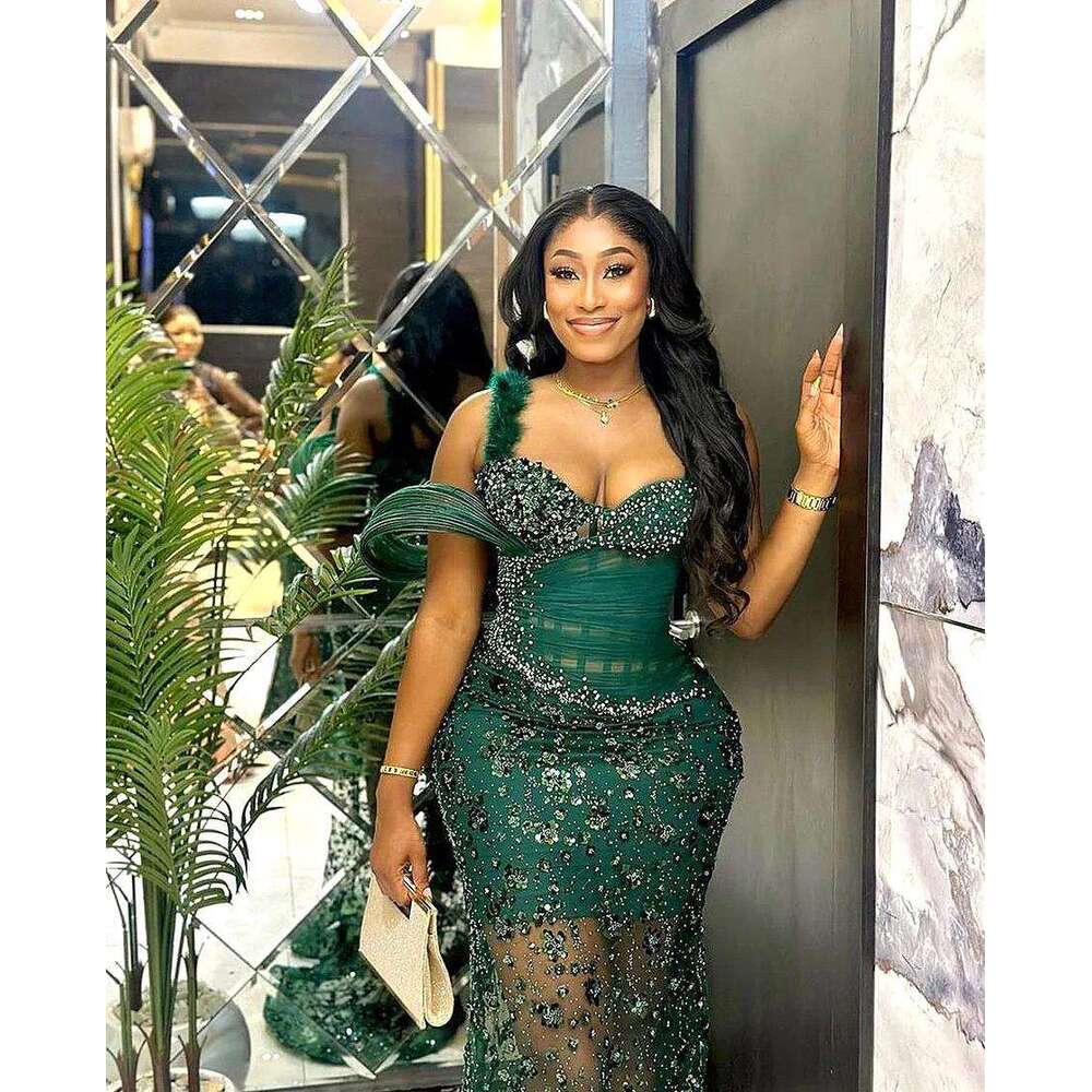 Exquisite Green Evening Dresses Off Shoulder Glitter Beaded Sequins Crystals Feathers Elegant Party Formal Prom Gowns bc19673
