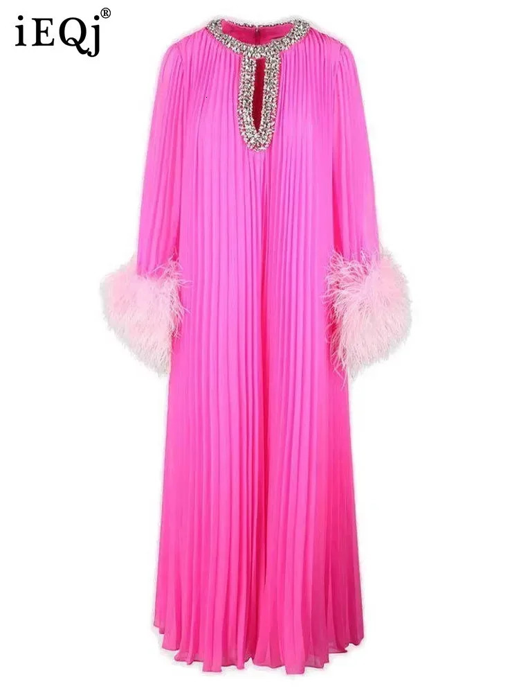 IEQJ pleated feather diamond patchwork womens long sleeved loose elegant dress clothing 36A2956 241024