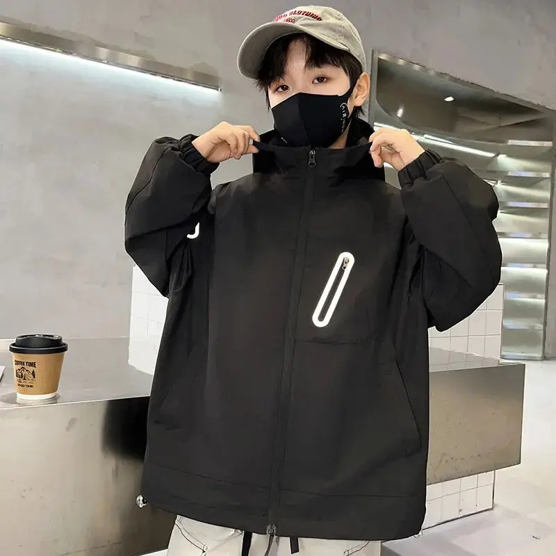 Fashionable childrens boys jacket casual hooded zipper childrens windproof jacket cartoon boys jacket 4 6 8 10 12 year old childrens clothing 241024