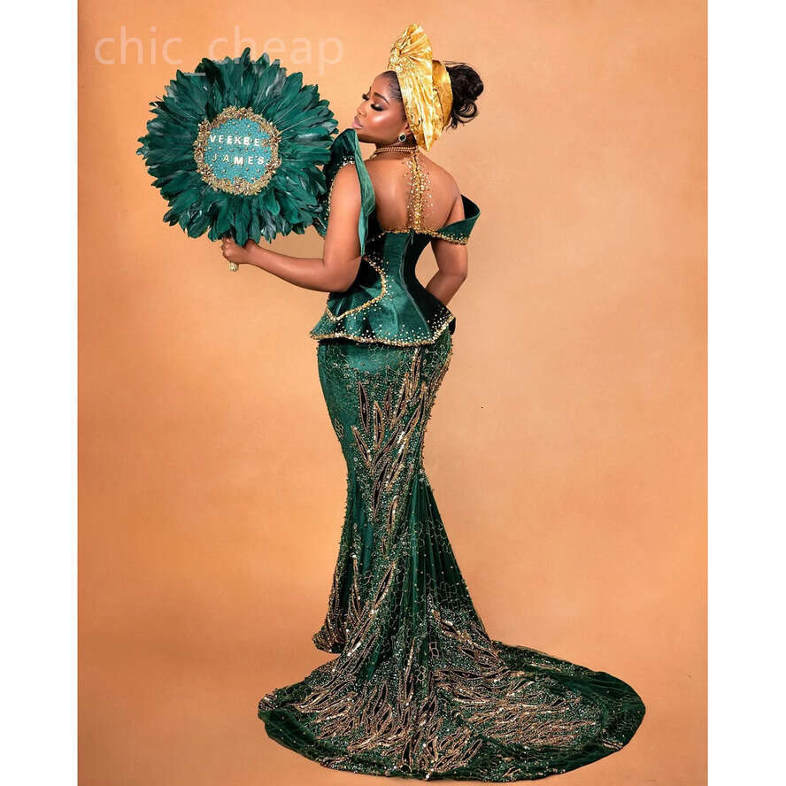 Aso Ebi Dark Green Mermaid Prom Dress Beaded Sequined Lace Veet Evening Formal Party Second Reception Birthday Engagement Gowns Dresses Robe De Soiree