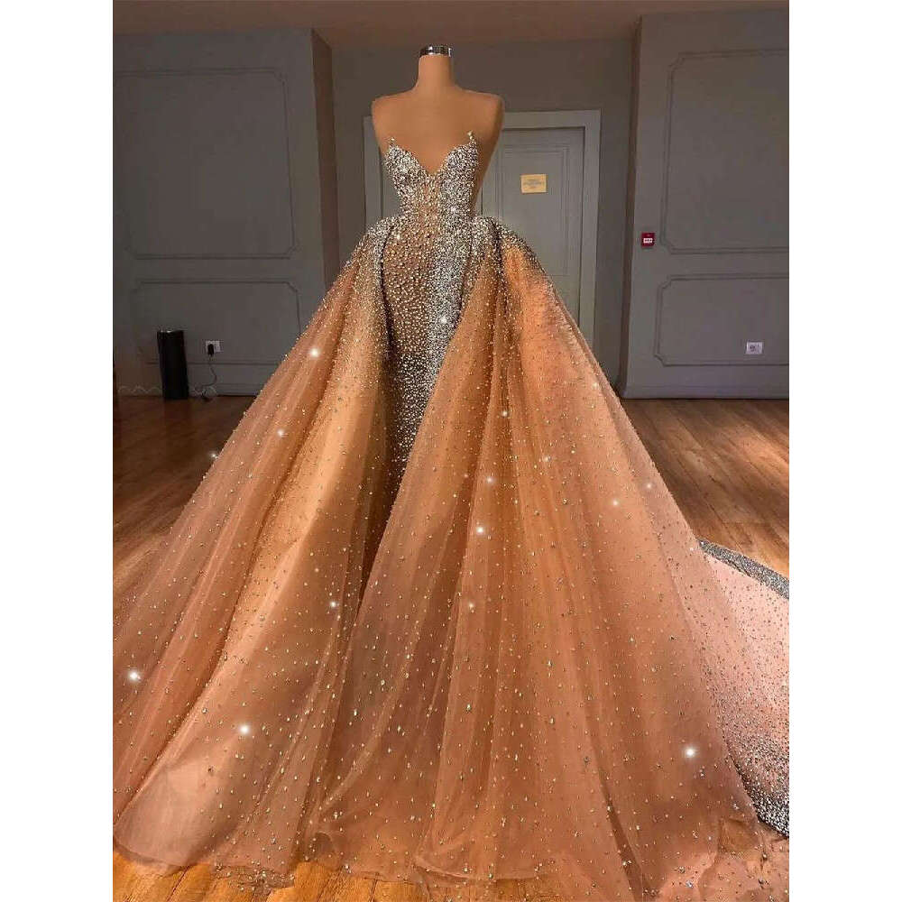 Evening Sleeveless Srapless V Neck Sequins Appliques Pearls Lace Detachable Train Prom Dresses Gowns Custom Made