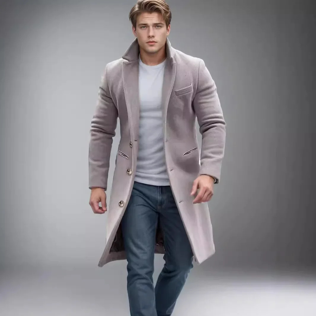 Elegant mens autumn and winter casual windproof jacket solid color button long sleeved medium to long windproof extra set S-XXXL 241024
