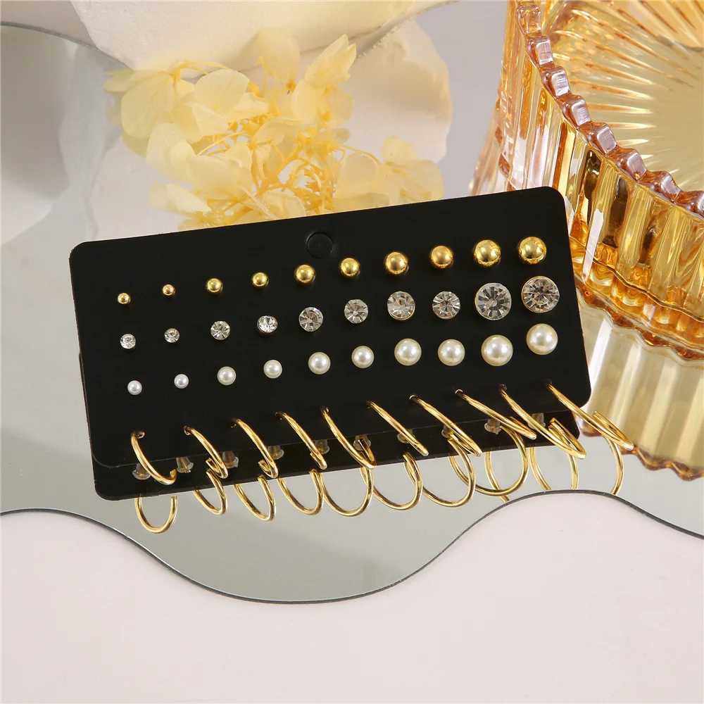 Fashion classic womens simple small stud earrings gold crystal rhinestone pearls set of 20 pairs of earrings jewelry W241023
