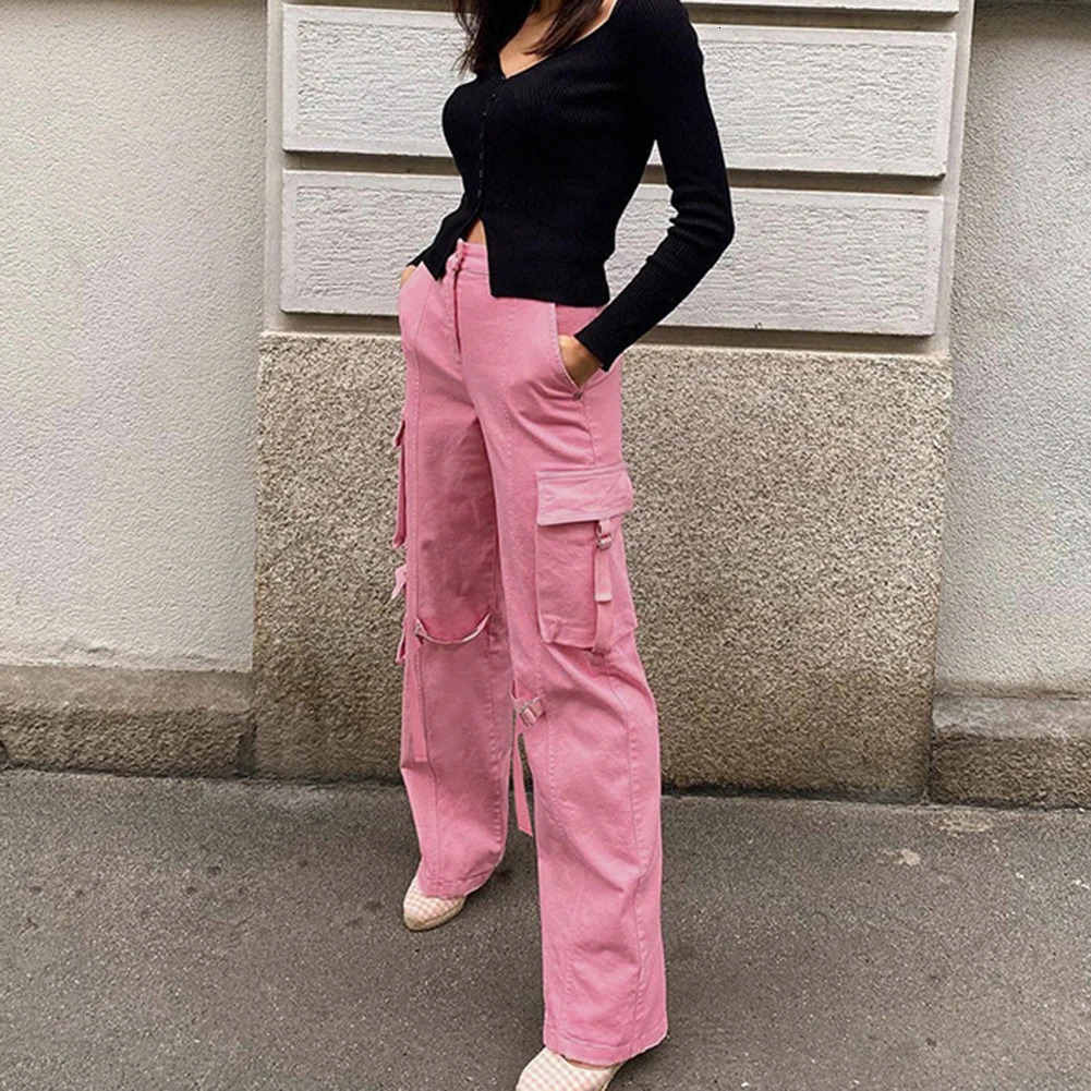 Harajuku luggage jeans high waisted retro womens cargo pants Y2K style multiple pockets streetwear mens style straight Fe 241023