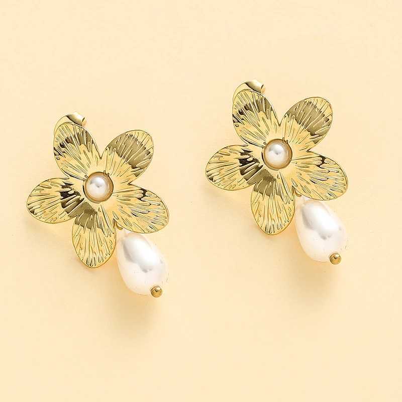 Stainless Steel Gold Color Flower Earrings for Women with Pearl Simple Jewelry Accessories for Women Party Jewelry NewX241023