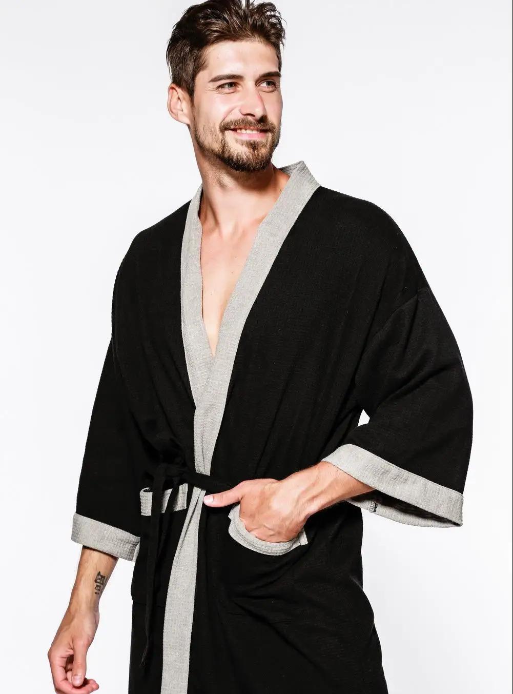 Cotton waffle mens kimono bathroom gown pajamas couples black evening gown loose casual sauna Yukata spring and summer home wear 241023