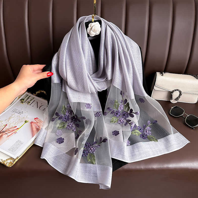 Versatile Scarnd and Autumn designers scarf ece Nail Embroidered Begonia Summer silk Scarf Spring Bead L nice