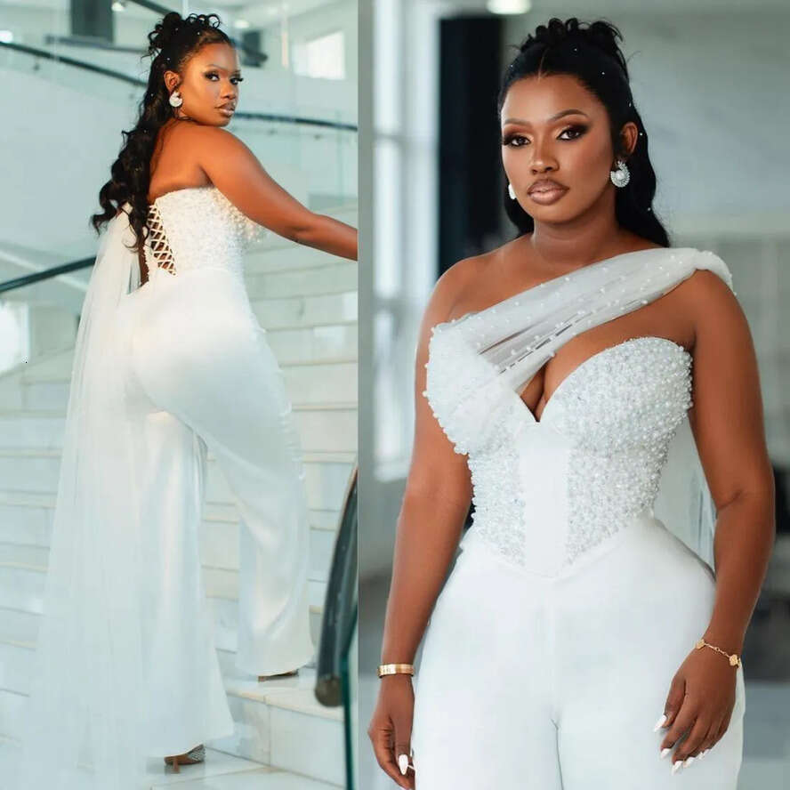 2024 Plus Size One-Piece White Jumpsuits Prom Dresses For Black Women One Shoulder Pearls Decorated Sexy Birthday Party Dress Second Reception Gown 09