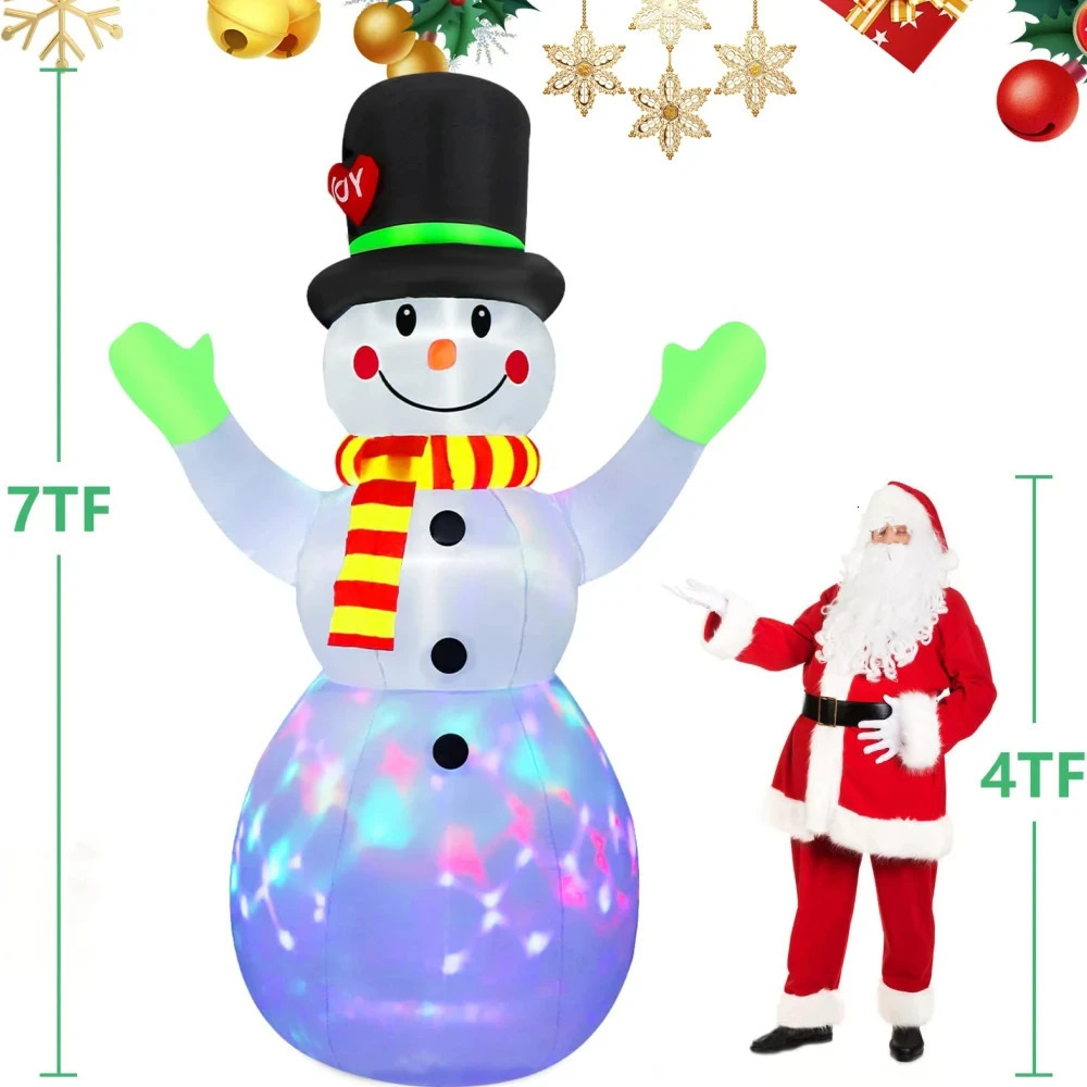 2.2M/7-foot Christmas inflatable green gloves snowman outdoor model with built-in rotating LED lights for indoor and outdoor Christmas decoration 2410