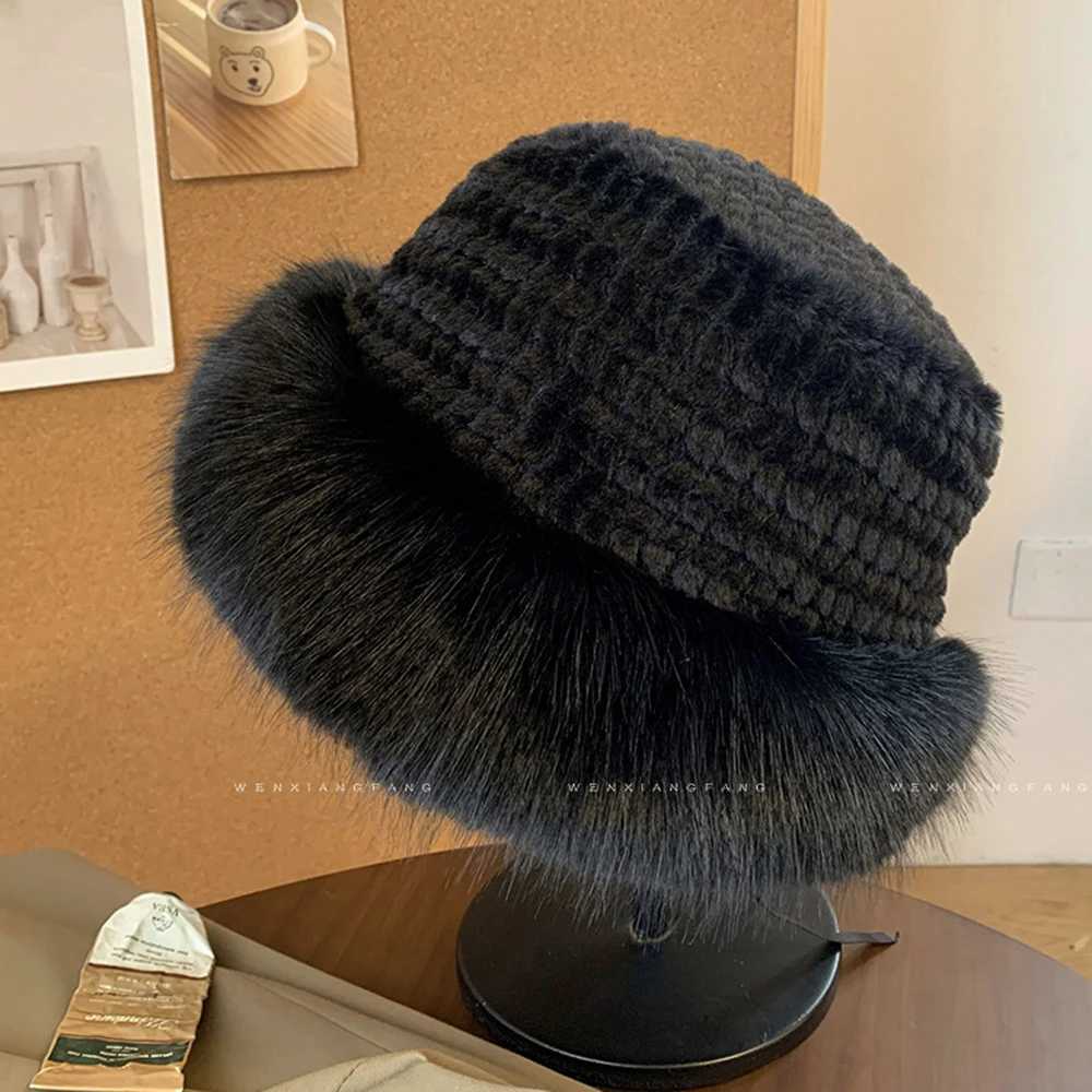 New Fem Knitted Fluffy Real Rex Rabbit Fur Leather Hat Warm Outdoor Warm Natural Fur Hat Womens Fashion Knitted Fur Hat X241023