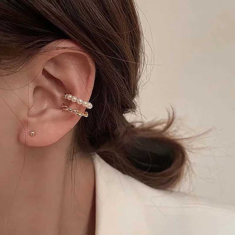 New Korean Gold Double Round Twisted Pearl Earrings Cuffs Retro Geometric Round Earrings False Perforated Pearl Clip Earrings W241023