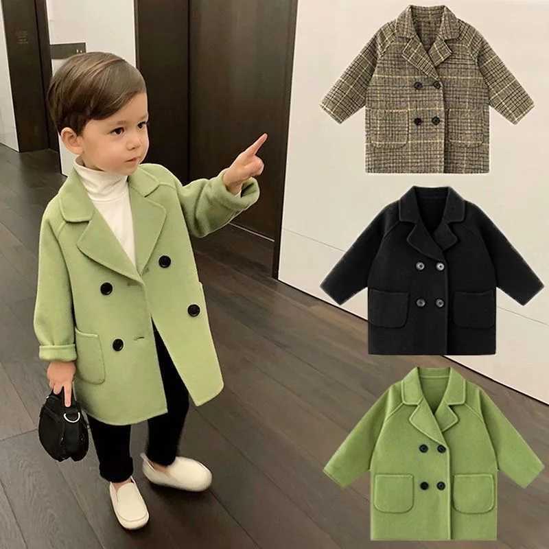 2023 Spring and Autumn Boys Jacket Girls Wool Double Layer Baby Trench Coat Collar Childrens Coat Winter Wool Coat W241023