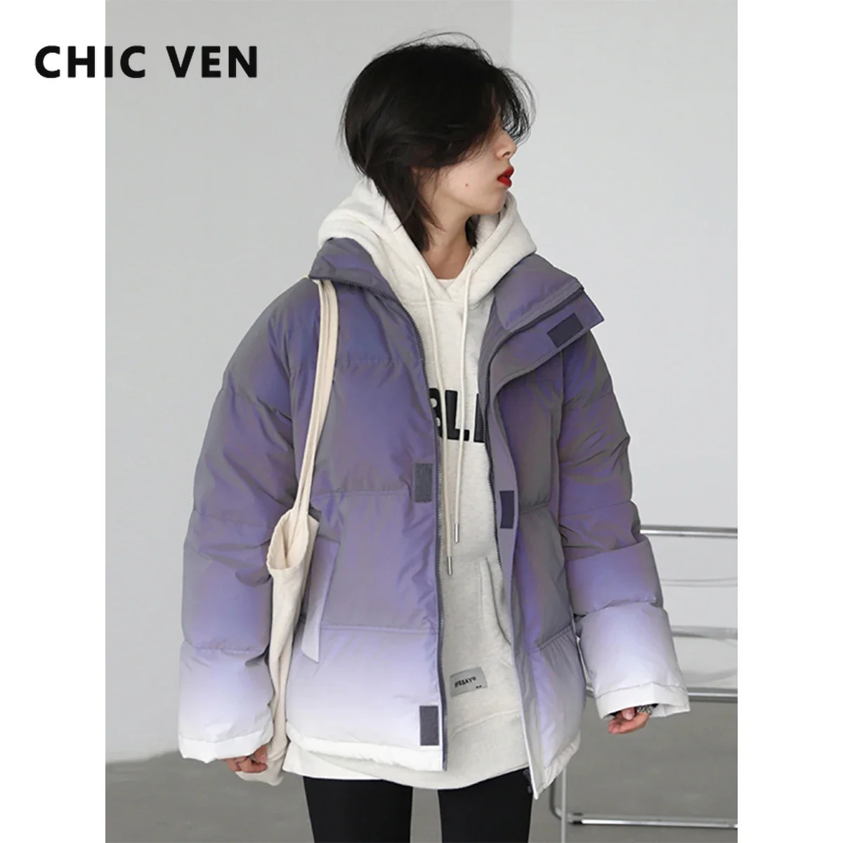CHIC VEN Womens Down Jacket Reflective Gradient Thick Womens Bread Coat 90 White Duck Down Jacket Warm Coat for Winter 241023