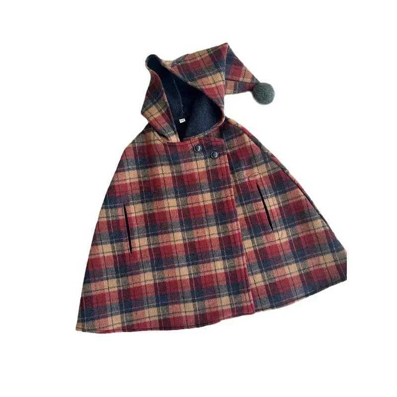 Childrens outerwear girls winter clothing baby girls wool cloaks preschool girls Kaye red checkered Cape Town cotton thick hooded Cape Town W241023