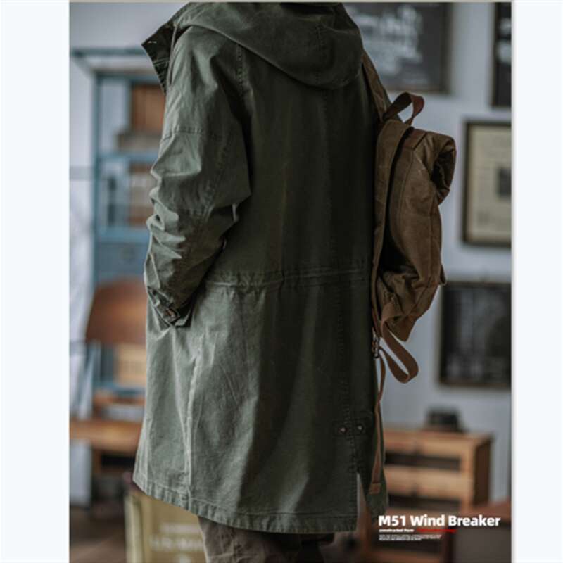 Retro M51 Army Green Windbreaker Fishtail Hooded Jacket AMEKI Long Coat Outdoor Trekking Training Military Camp Clothes