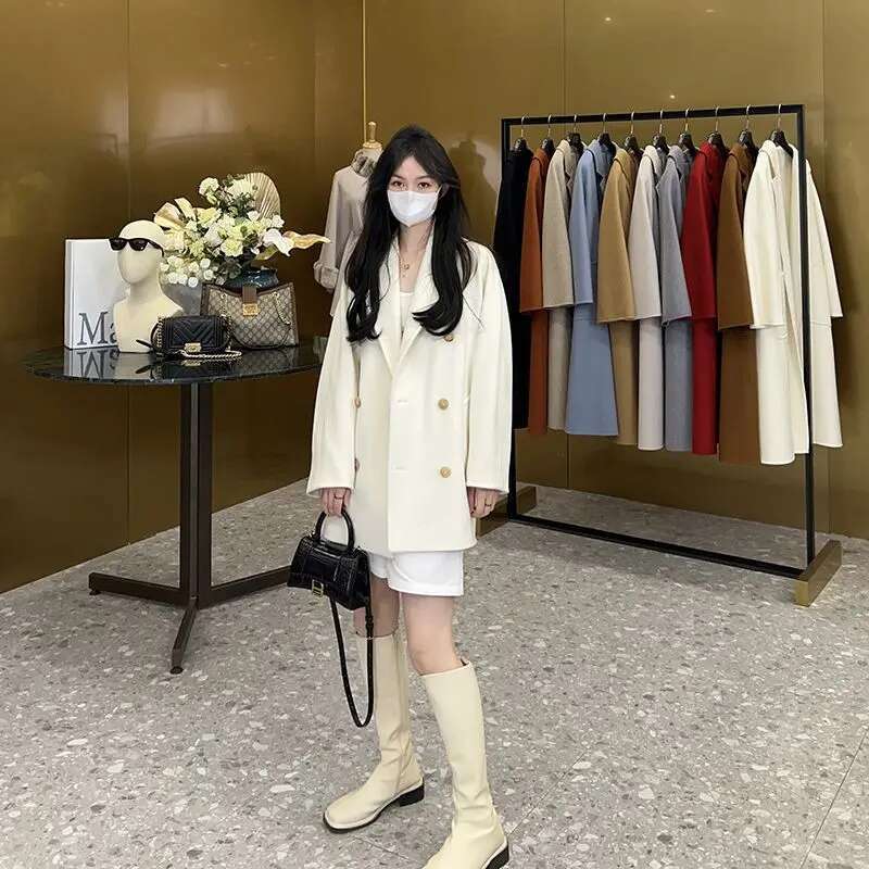 Rose Real Wool Coats Jackets Women Simple Versatile Cashmere Double Breasted High-Grade Woolen Coat Long Sleeves 2023