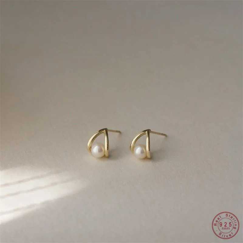 Simple Temperament INS Pearl Geometric Stud Earrings for Women 925 Sterling Silver 14k Gold Plated Jewelry GiftX241023